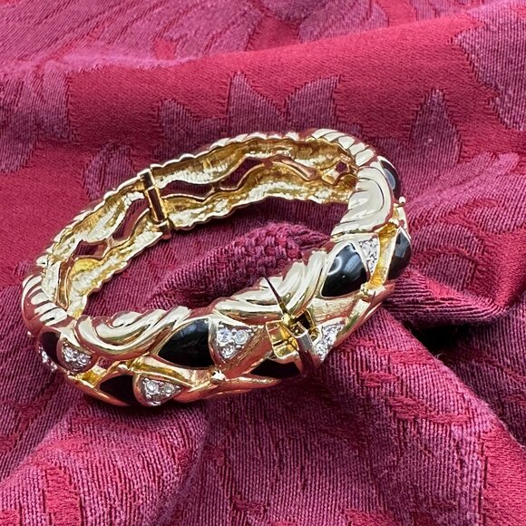 Vintage Saks Fifth Avenue Gold-Tone and Black Enamel and Quartz Bracelet - Picture 11 of 12